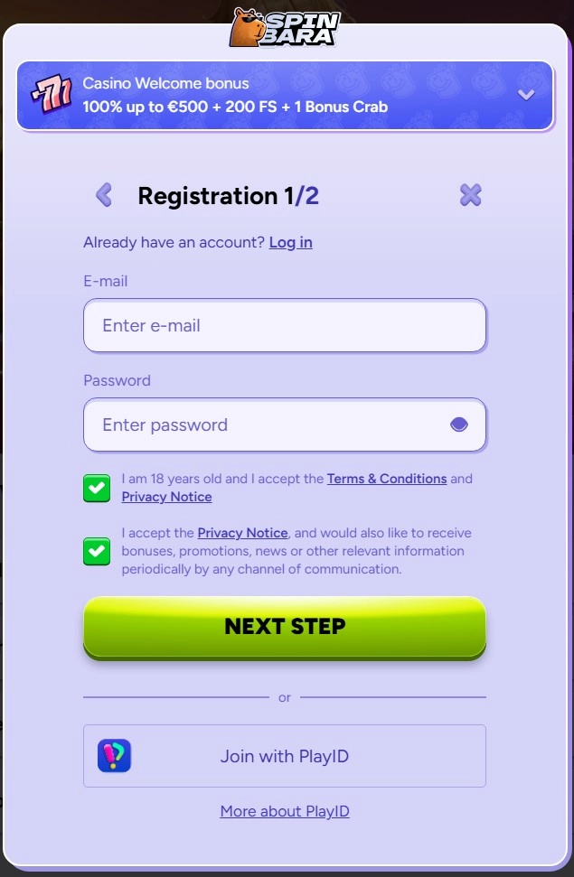 Spin-bara casino registration