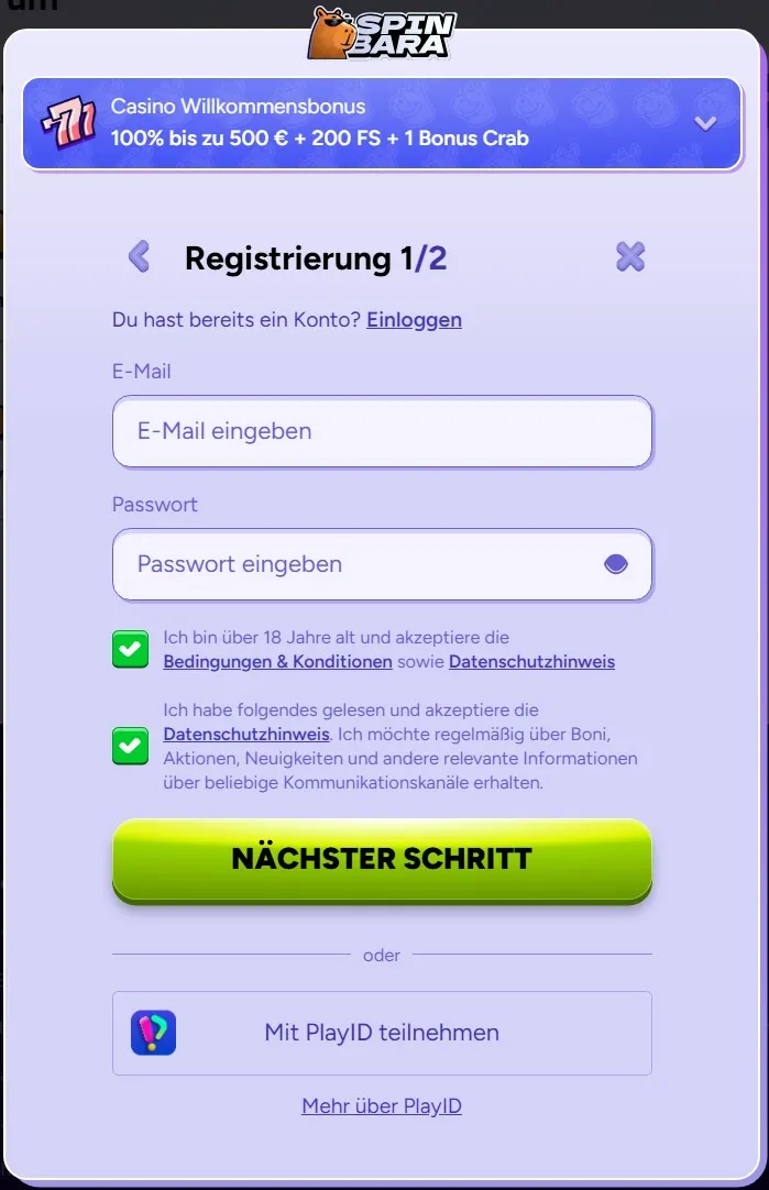 Spin bara casino registrieren de