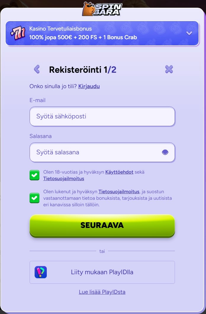 Spin bara casino rekisterointi fi